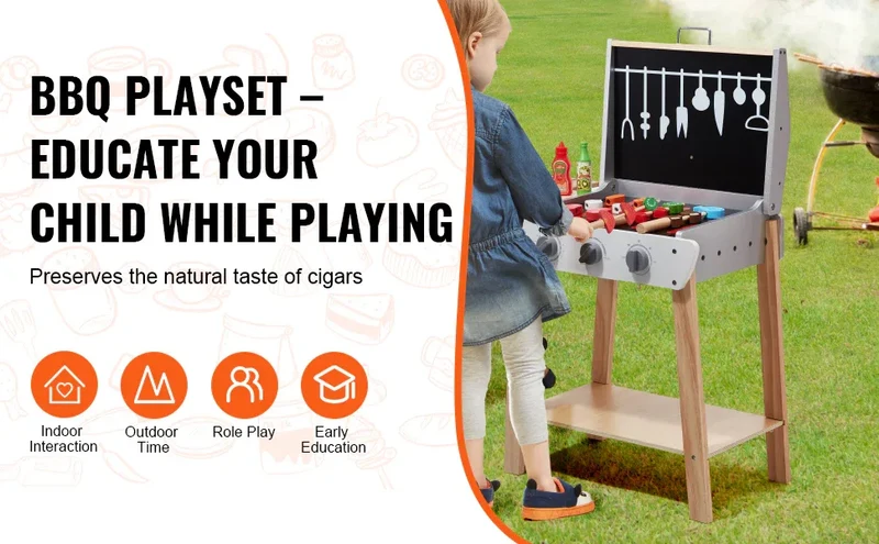 SucceBuy Simulation Kitchen Barbecue Toys Wooden Grill Toy Set Montessori Pretend Play Food BBQ Toy Playset for Kids Girls Gifts