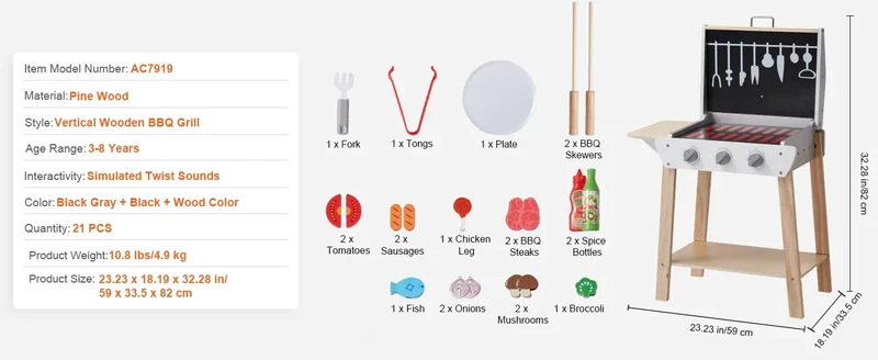 SucceBuy Simulation Kitchen Barbecue Toys Wooden Grill Toy Set Montessori Pretend Play Food BBQ Toy Playset for Kids Girls Gifts