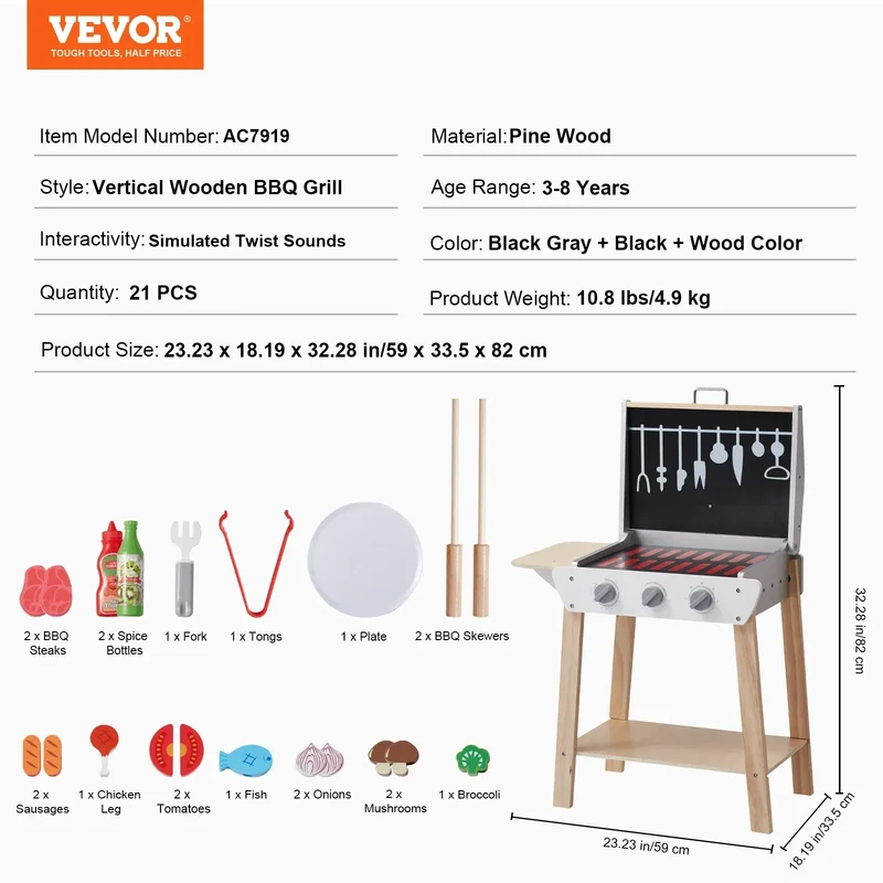 SucceBuy Simulation Kitchen Barbecue Toys Wooden Grill Toy Set Montessori Pretend Play Food BBQ Toy Playset for Kids Girls Gifts