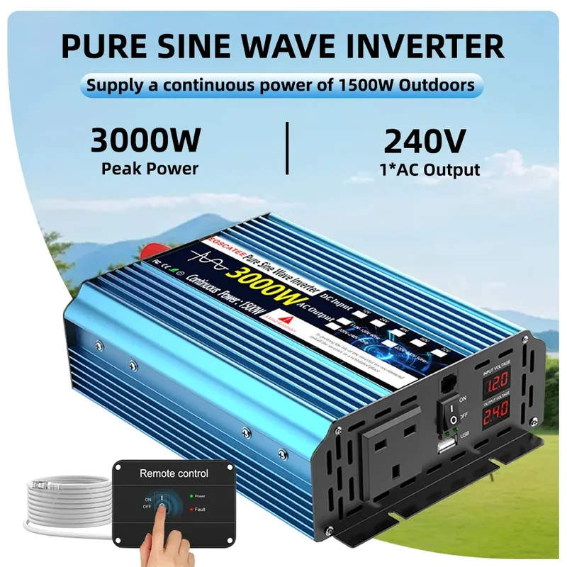 UK Pure Sine Wave Power Inverter 3000W DC 12V/24V To AC 240V Frequency Converter 50hz Solar car Inverter Transformer LED UK Plug