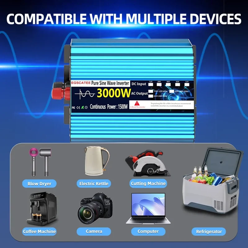 UK Pure Sine Wave Power Inverter 3000W DC 12V/24V To AC 240V Frequency Converter 50hz Solar car Inverter Transformer LED UK Plug
