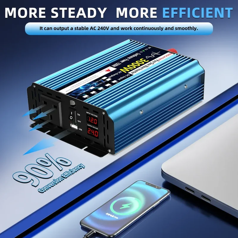 UK Pure Sine Wave Power Inverter 3000W DC 12V/24V To AC 240V Frequency Converter 50hz Solar car Inverter Transformer LED UK Plug