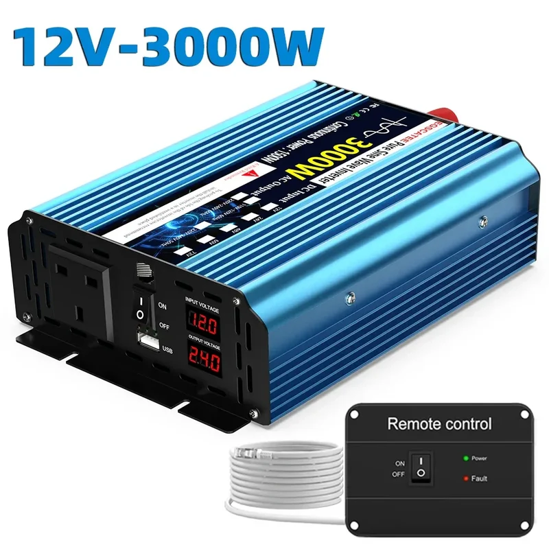 UK Pure Sine Wave Power Inverter 3000W DC 12V/24V To AC 240V Frequency Converter 50hz Solar car Inverter Transformer LED UK Plug