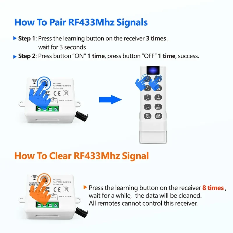 RF Wireless Smart Light Switch 433MHz 110V 220V Mini Relay Receiver Module ,4-in-1 Remote Control,For Led Light Lamp Fan ON/OFF