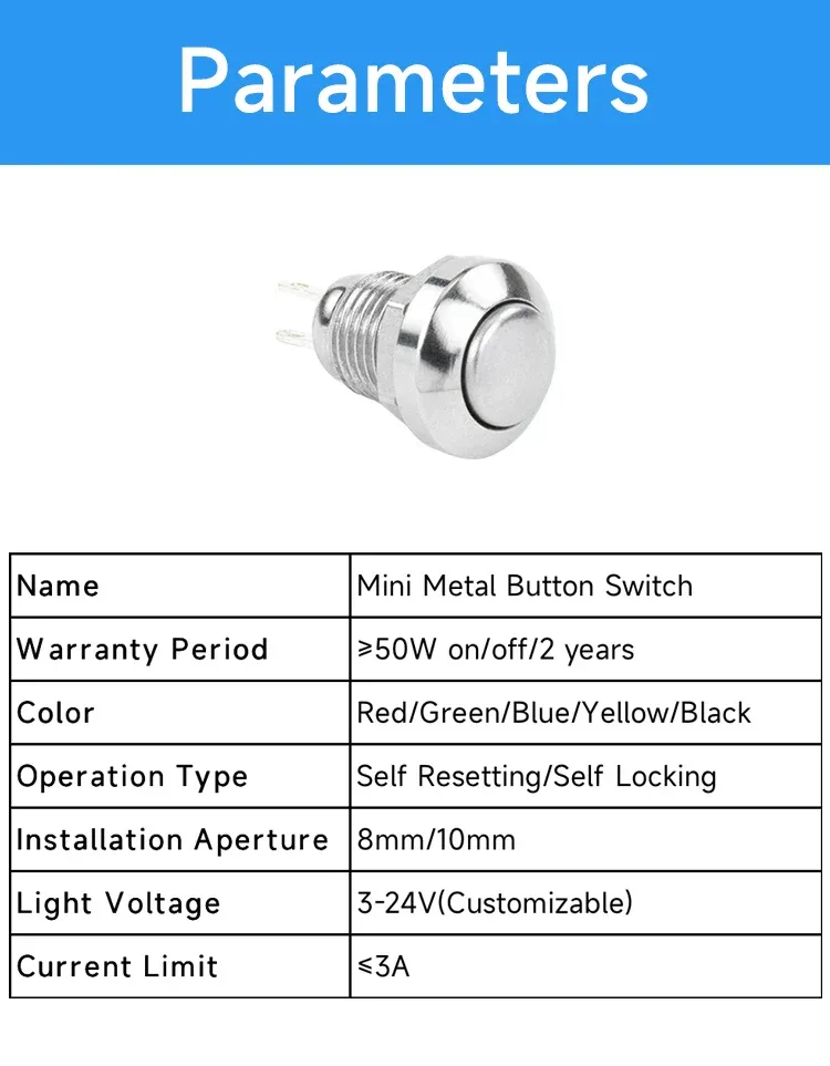8mm 10mm metal button mini small switch dustproof self resetting point action ball head circular micro start solder foot 3-24V