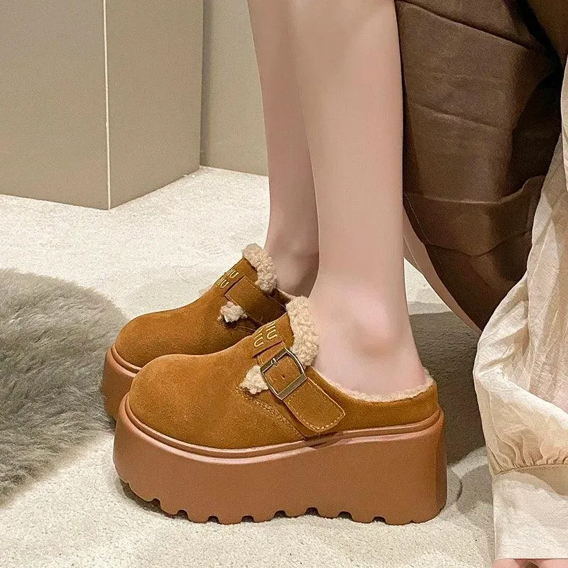 Platform High Heels Slippers Women Suede Mules Shoes Fur Warm Wedges Flip Flops 2025 Winter New Snow Boots Fashion Zapatos Mujer
