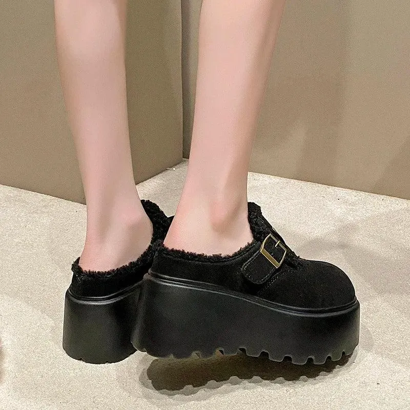Platform High Heels Slippers Women Suede Mules Shoes Fur Warm Wedges Flip Flops 2025 Winter New Snow Boots Fashion Zapatos Mujer