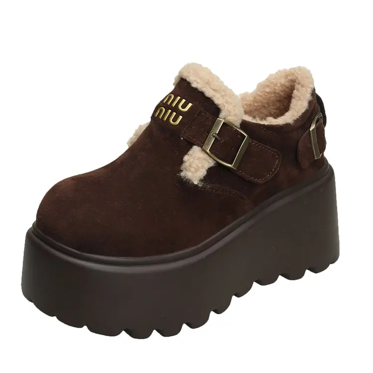 Platform High Heels Slippers Women Suede Mules Shoes Fur Warm Wedges Flip Flops 2025 Winter New Snow Boots Fashion Zapatos Mujer