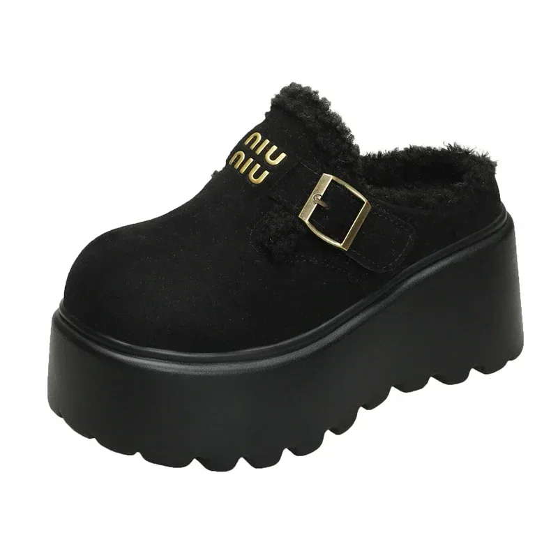 Platform High Heels Slippers Women Suede Mules Shoes Fur Warm Wedges Flip Flops 2025 Winter New Snow Boots Fashion Zapatos Mujer