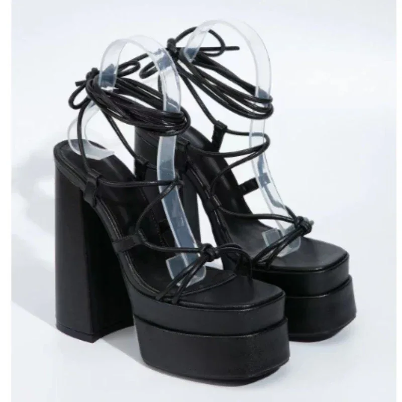 Women Sandals Brand New Sexy Chunky High Heels Pumps Platform Dress Shoes Party Wedding Shoes Cross Lace Up Female Sandals 2025