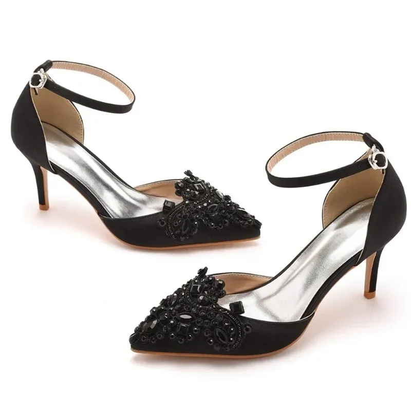 XIHAHA Woman High Heels New Pointed Artificial Diamond Metal Buckle Party Carnival Women's Shoe Satin Girls Banquet Dance Shoes