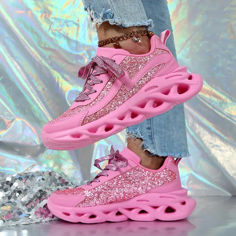 Bling Sports Shoes Women Platform Thick Sole Running Shoes Woman Sneakers Glitter Lightweight Casual Sparkling Women Shoes Pink