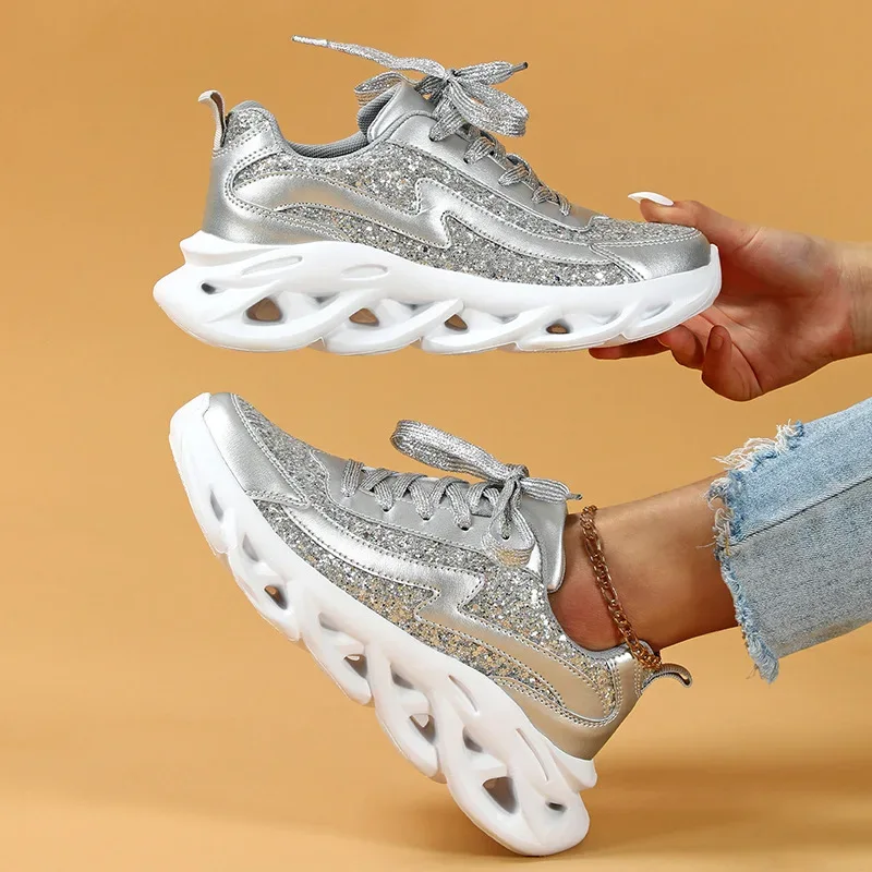 Bling Sports Shoes Women Platform Thick Sole Running Shoes Woman Sneakers Glitter Lightweight Casual Sparkling Women Shoes Pink