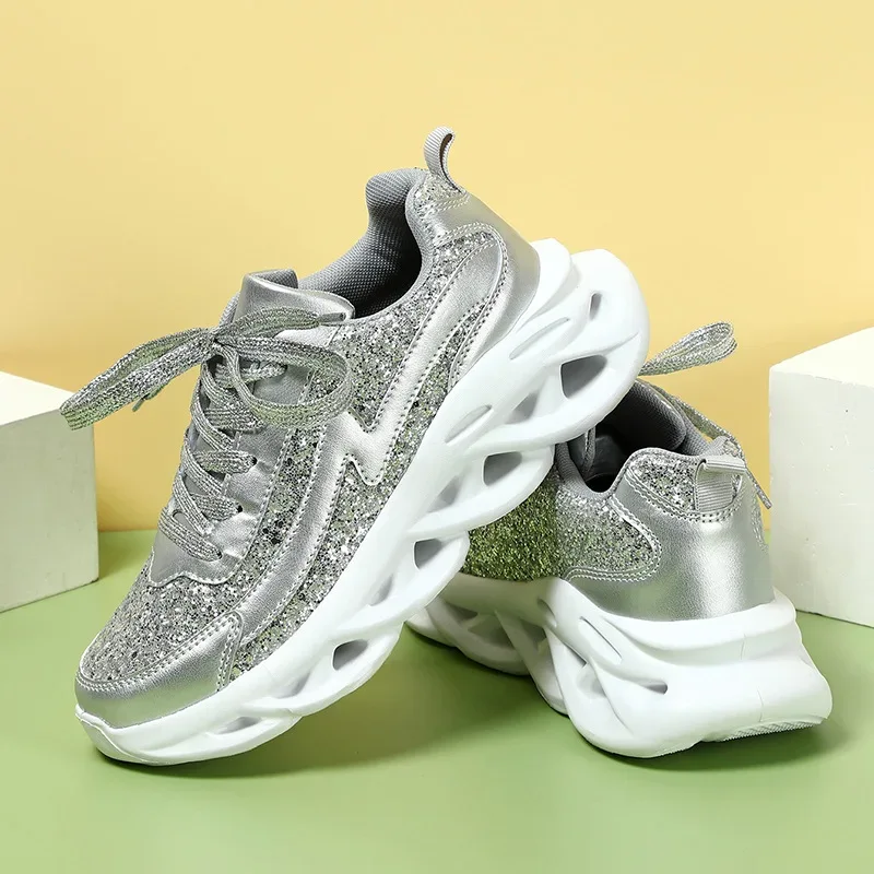 Bling Sports Shoes Women Platform Thick Sole Running Shoes Woman Sneakers Glitter Lightweight Casual Sparkling Women Shoes Pink