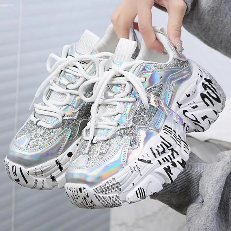 Bling Sports Shoes Women Platform Thick Sole Running Shoes Woman Sneakers Glitter Lightweight Casual Sparkling Women Shoes Pink