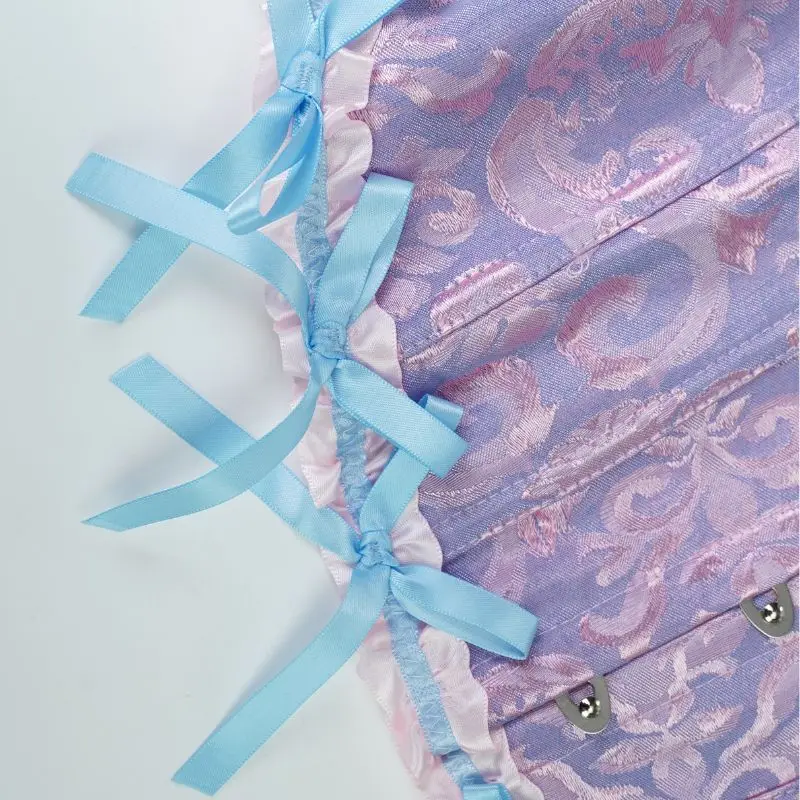 A lake blue dress with a flower patterned corset and a cinched waist for slimming ladies
