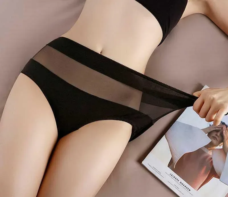 Large Size 110 Kg Triangle Underwear Women's Mesh High Waist Hip Fat Transparent Sexy Lingerie