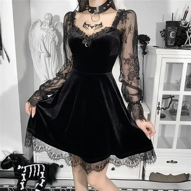 Robe Gothique en Velours et Dentelle pour Femme, Bretelles Spaghetti, Punk, Mini Cami, Costume de ixCosplay