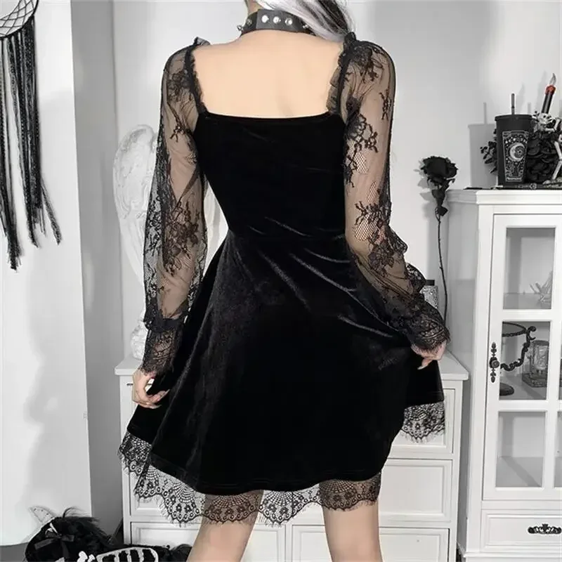 Robe Gothique en Velours et Dentelle pour Femme, Bretelles Spaghetti, Punk, Mini Cami, Costume de ixCosplay