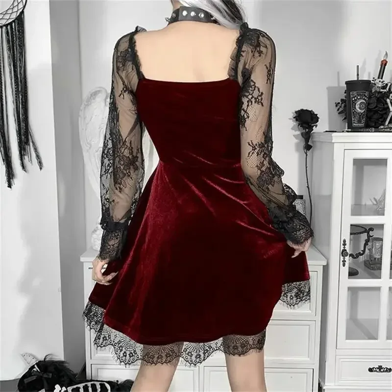 Robe Gothique en Velours et Dentelle pour Femme, Bretelles Spaghetti, Punk, Mini Cami, Costume de ixCosplay
