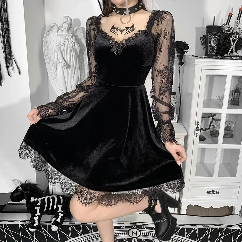 Robe Gothique en Velours et Dentelle pour Femme, Bretelles Spaghetti, Punk, Mini Cami, Costume de ixCosplay