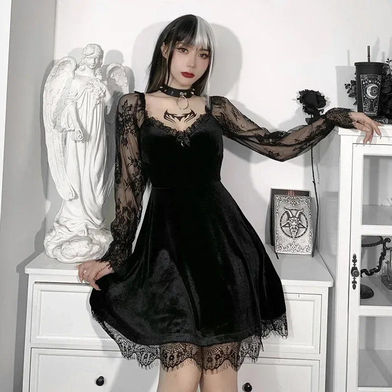 Robe Gothique en Velours et Dentelle pour Femme, Bretelles Spaghetti, Punk, Mini Cami, Costume de ixCosplay
