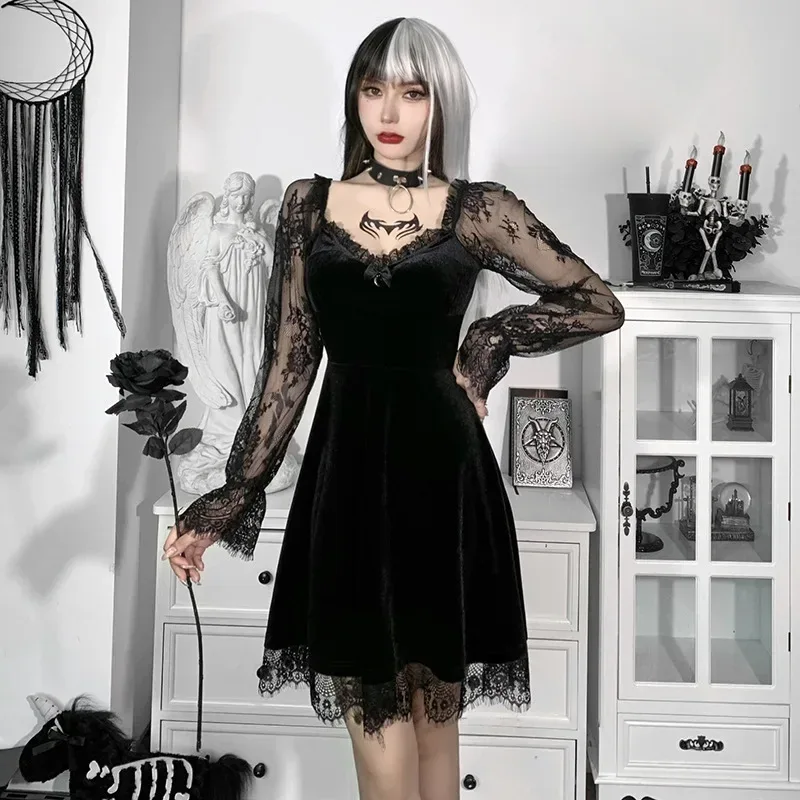 Robe Gothique en Velours et Dentelle pour Femme, Bretelles Spaghetti, Punk, Mini Cami, Costume de ixCosplay
