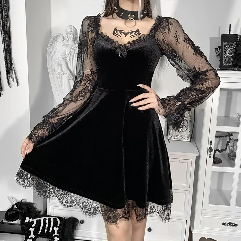 Robe Gothique en Velours et Dentelle pour Femme, Bretelles Spaghetti, Punk, Mini Cami, Costume de ixCosplay