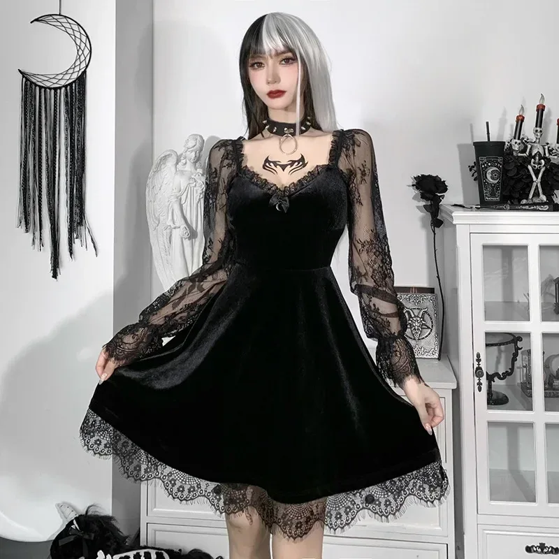 Robe Gothique en Velours et Dentelle pour Femme, Bretelles Spaghetti, Punk, Mini Cami, Costume de ixCosplay