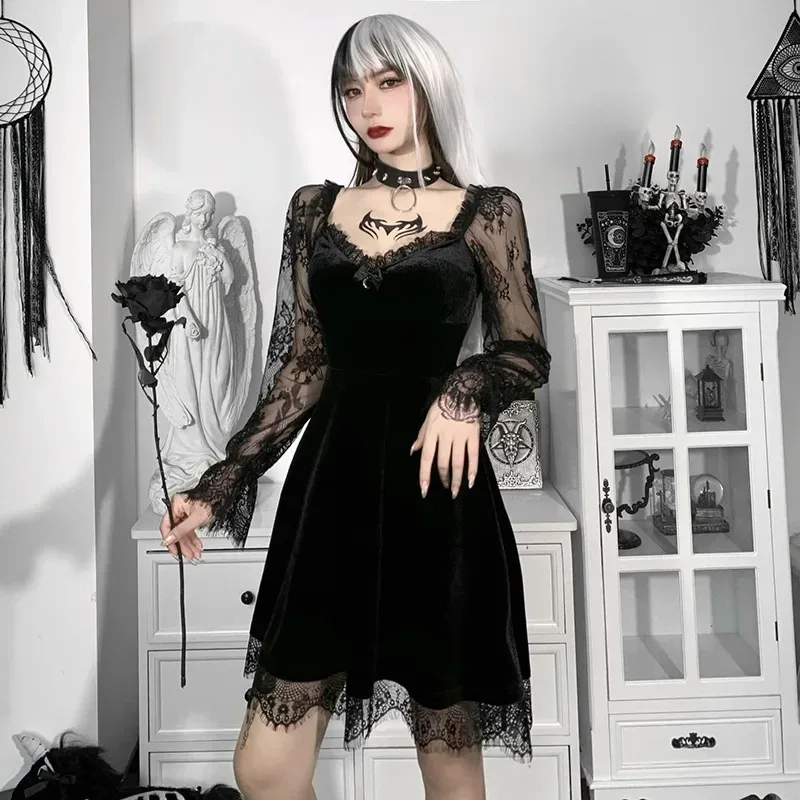 Robe Gothique en Velours et Dentelle pour Femme, Bretelles Spaghetti, Punk, Mini Cami, Costume de ixCosplay
