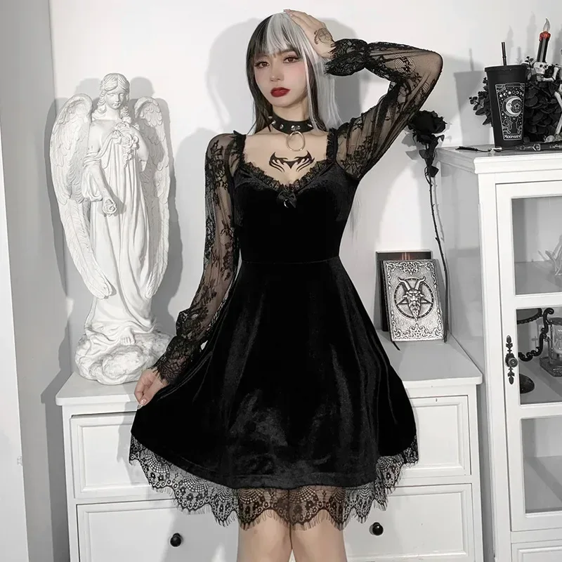 Robe Gothique en Velours et Dentelle pour Femme, Bretelles Spaghetti, Punk, Mini Cami, Costume de ixCosplay