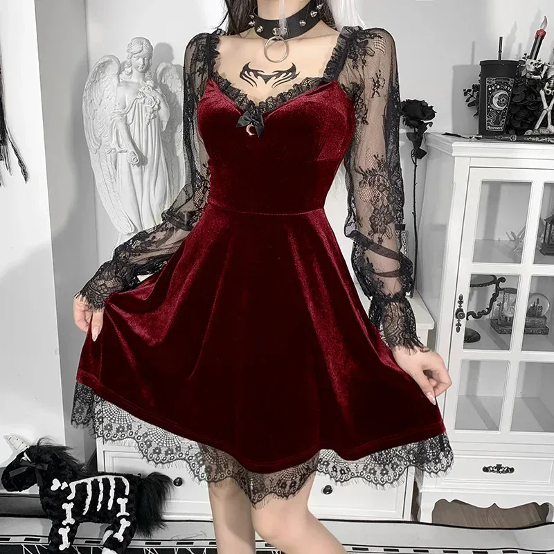 Robe Gothique en Velours et Dentelle pour Femme, Bretelles Spaghetti, Punk, Mini Cami, Costume de ixCosplay