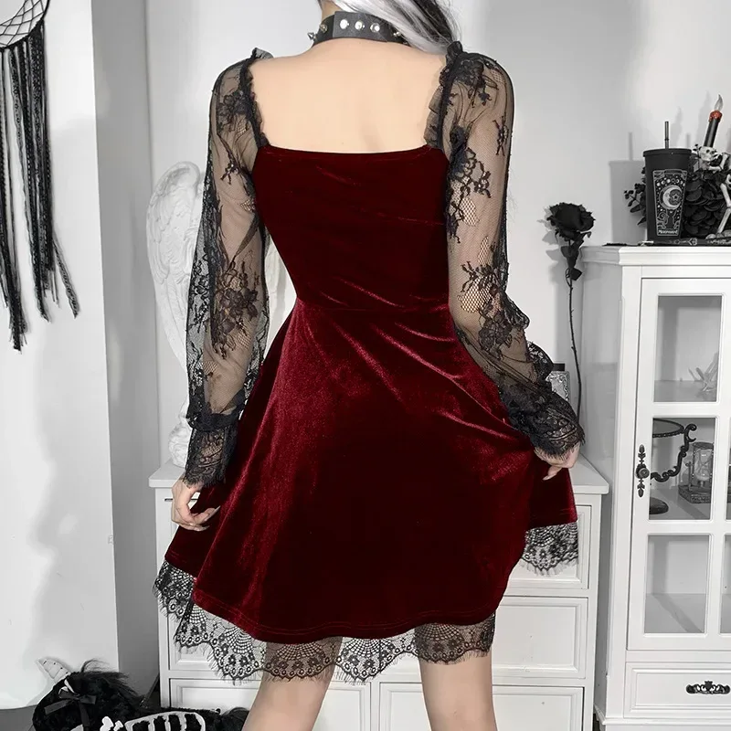 Robe Gothique en Velours et Dentelle pour Femme, Bretelles Spaghetti, Punk, Mini Cami, Costume de ixCosplay