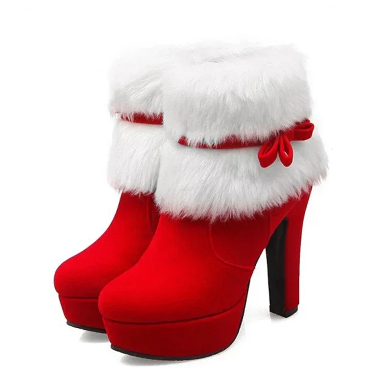 Winter Women Boots Christmas Ankle Boots High Heels Ladies Shoes Femme Warm Short Boots Red Black Shoes Size 35-43