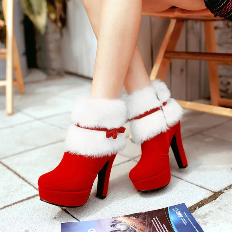 Winter Women Boots Christmas Ankle Boots High Heels Ladies Shoes Femme Warm Short Boots Red Black Shoes Size 35-43
