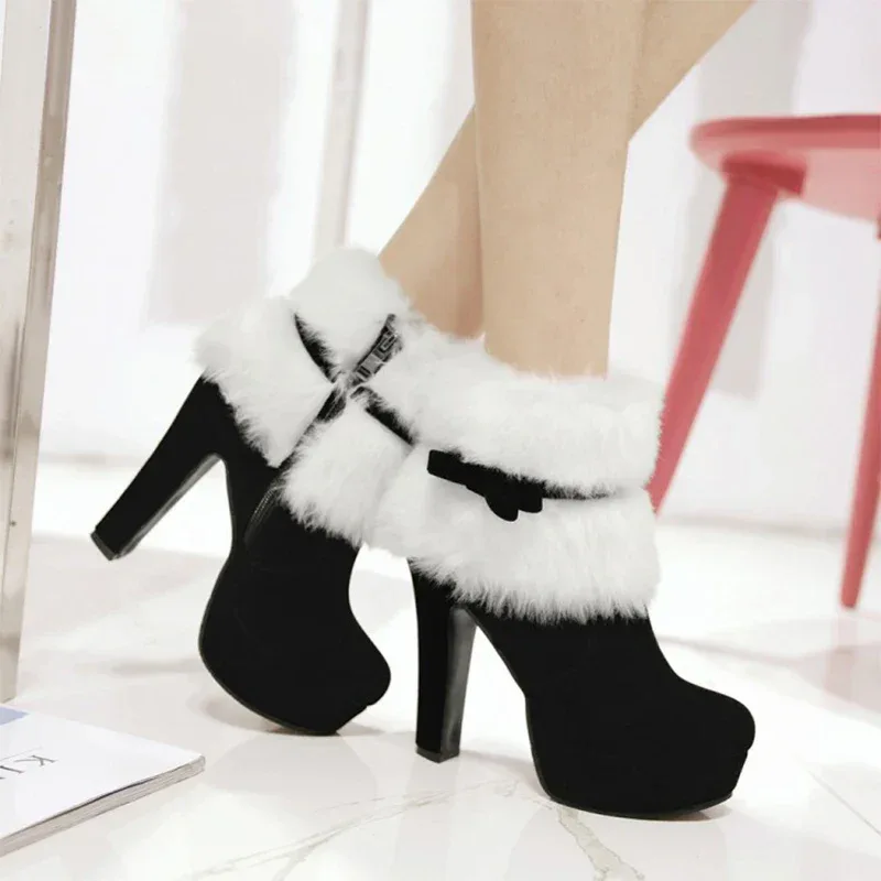 Winter Women Boots Christmas Ankle Boots High Heels Ladies Shoes Femme Warm Short Boots Red Black Shoes Size 35-43