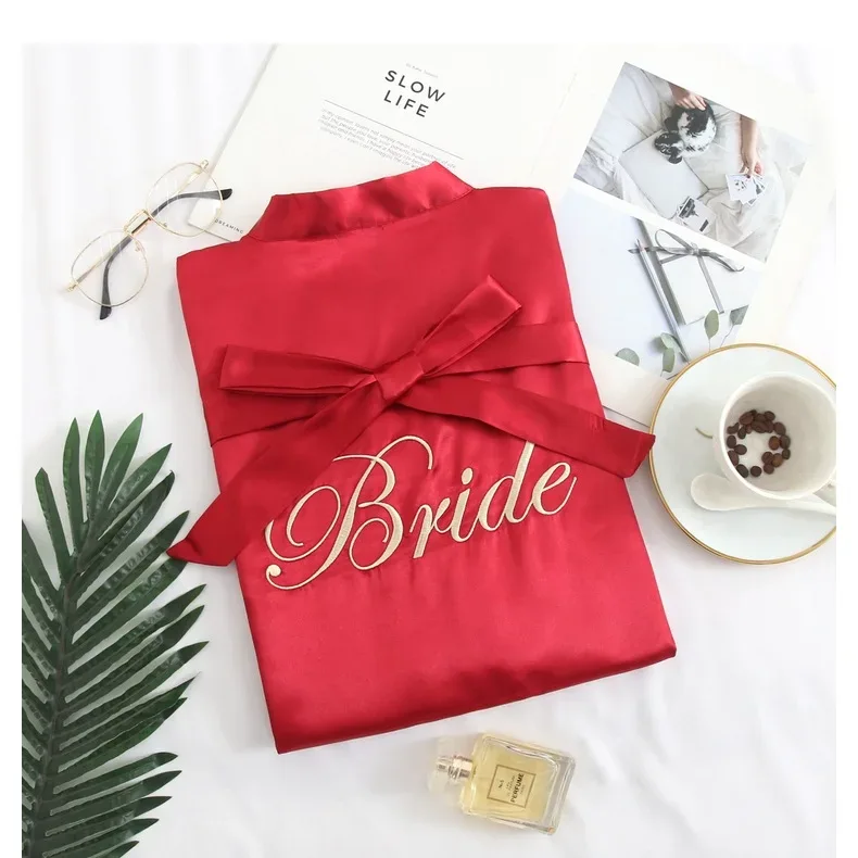 Bride Bridesmaid Wedding Robe Embroidery Kimono Bathrobe Gown Nightgown Casual Satin Short Women Sexy Nightwear Sleepwear