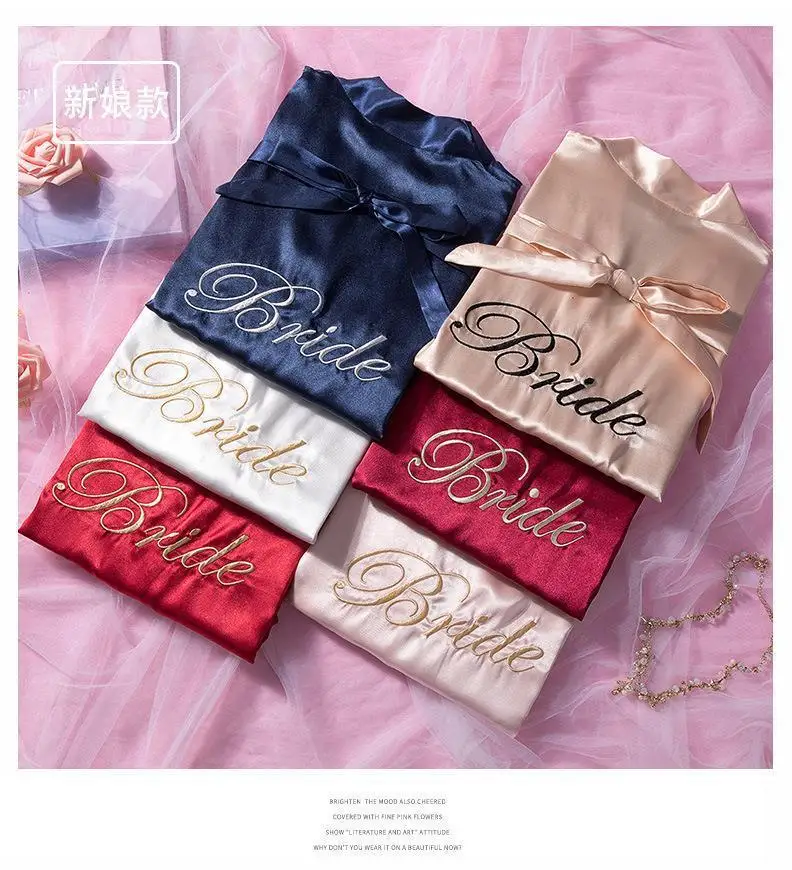 Bride Bridesmaid Wedding Robe Embroidery Kimono Bathrobe Gown Nightgown Casual Satin Short Women Sexy Nightwear Sleepwear