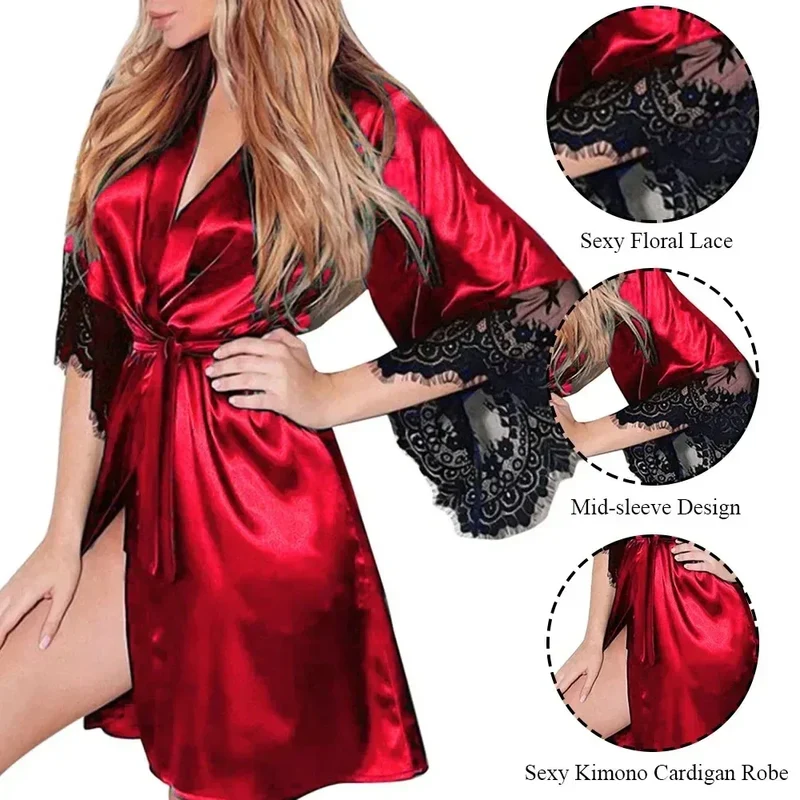 Women Night Gown Robe with G String Floral Lace Bathrobe Halt Sleeve Nightdress Female French Sexy Silky Satin Sleepwear