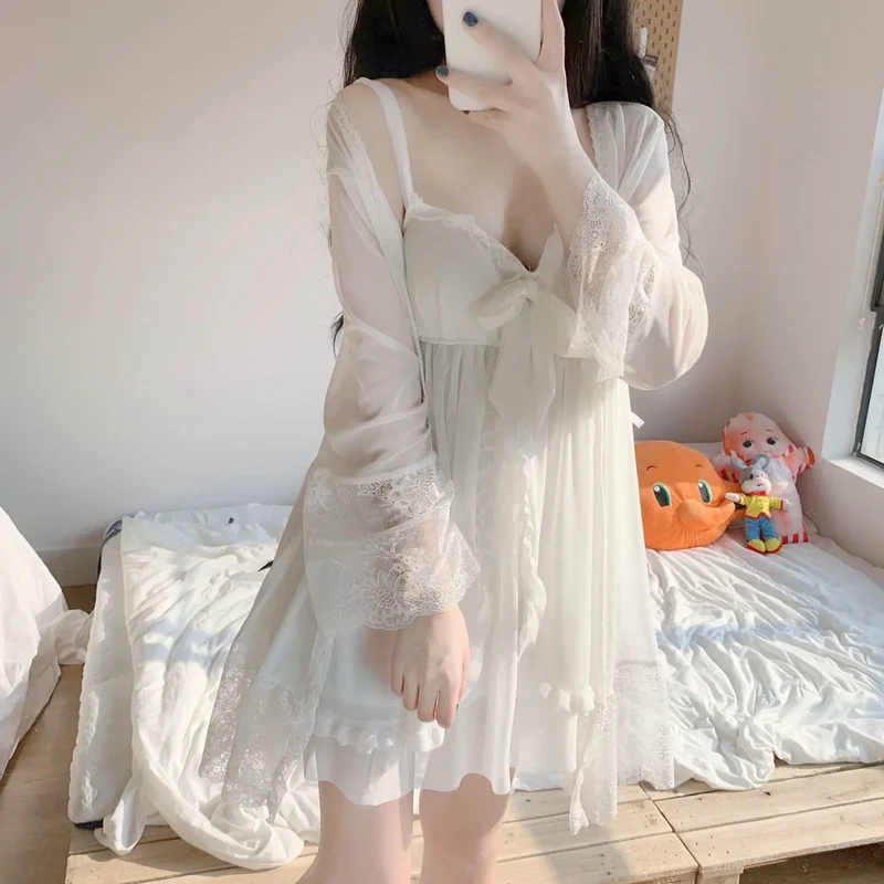 Robe Gown Sets Women Sexy Lace Low-cut Ruffles Bowknot Sweet Princess Female Sleepwear Summer Above Knee Comfortable Lounge Wear