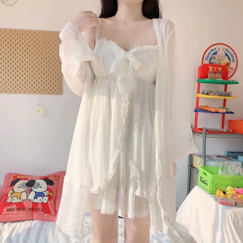 Robe Gown Sets Women Sexy Lace Low-cut Ruffles Bowknot Sweet Princess Female Sleepwear Summer Above Knee Comfortable Lounge Wear