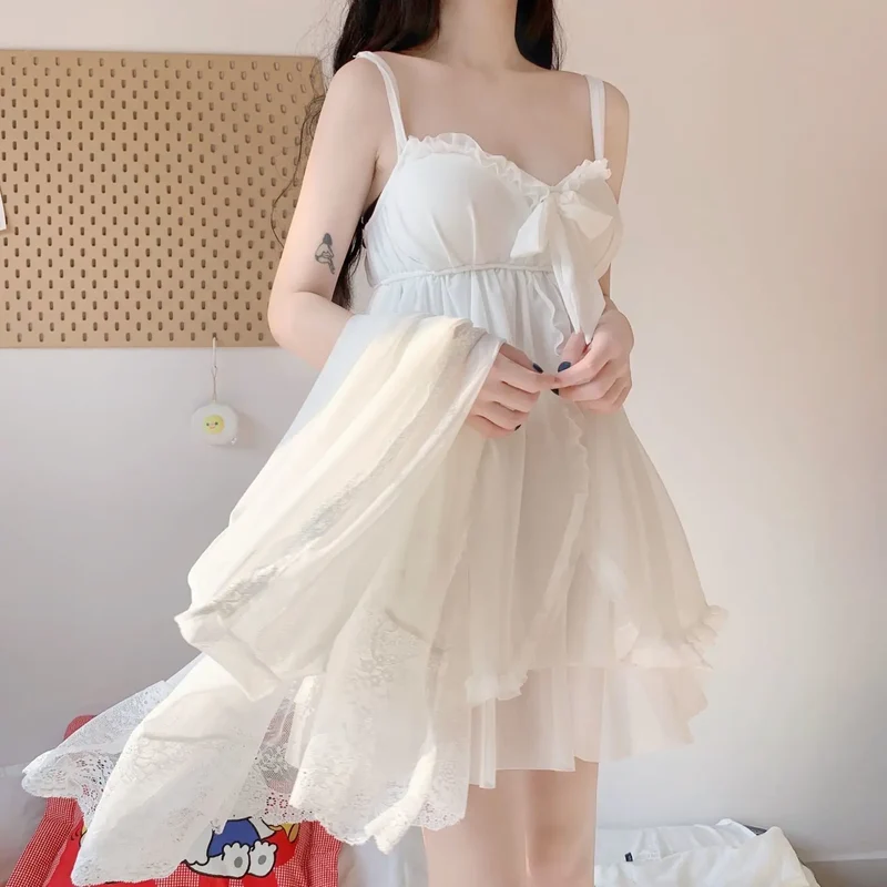 Robe Gown Sets Women Sexy Lace Low-cut Ruffles Bowknot Sweet Princess Female Sleepwear Summer Above Knee Comfortable Lounge Wear