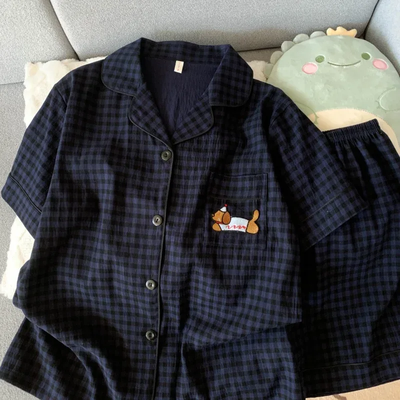 Embroidery Dog Sweet Fashion Cute Pajamas Set for Women Plaid Lapel Neck Elastic Waist Design Pajamas Short New Casual Nightwear
