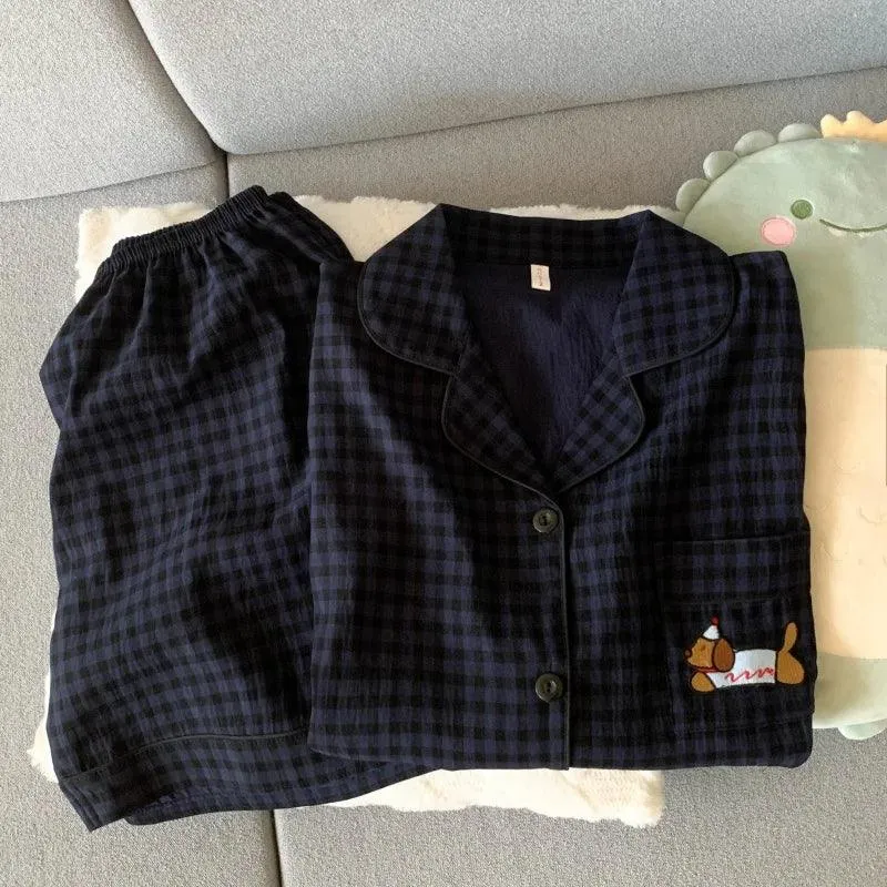Embroidery Dog Sweet Fashion Cute Pajamas Set for Women Plaid Lapel Neck Elastic Waist Design Pajamas Short New Casual Nightwear