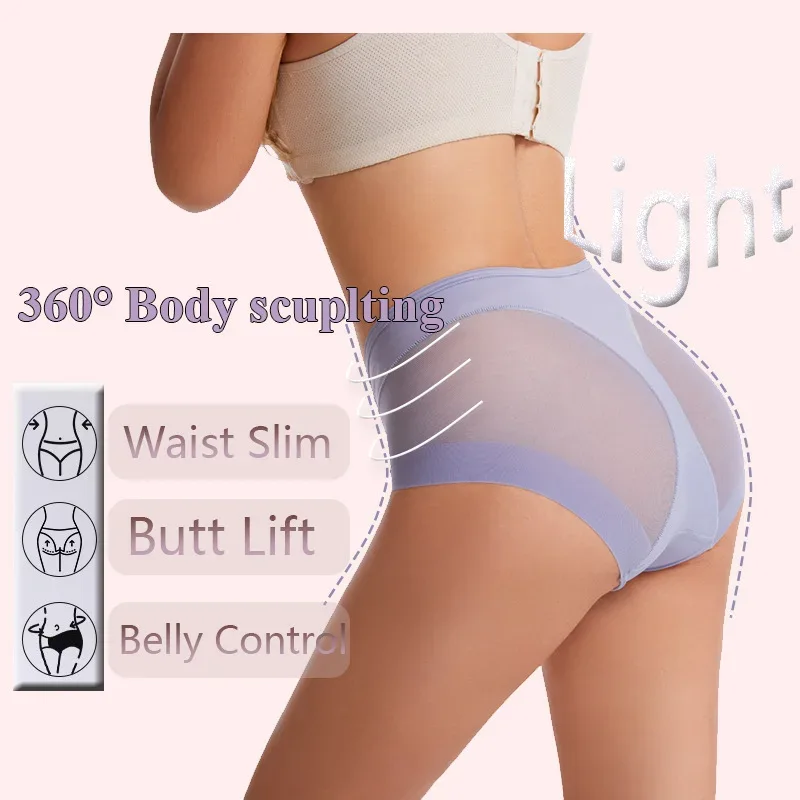 Ice Silk Women Underwear Panties Transparent Mesh Gauze Corset Waist Slimming Black Briefs Female Trainer Shaping Underpants2024