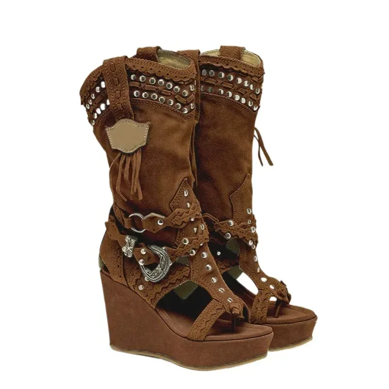 Zipper Shoes Boots Women New 2025 Round Toe Large Size Elegant Wedge Cowboy Ladies High Heel Shallow PU Canvas Casual Fabric Sol