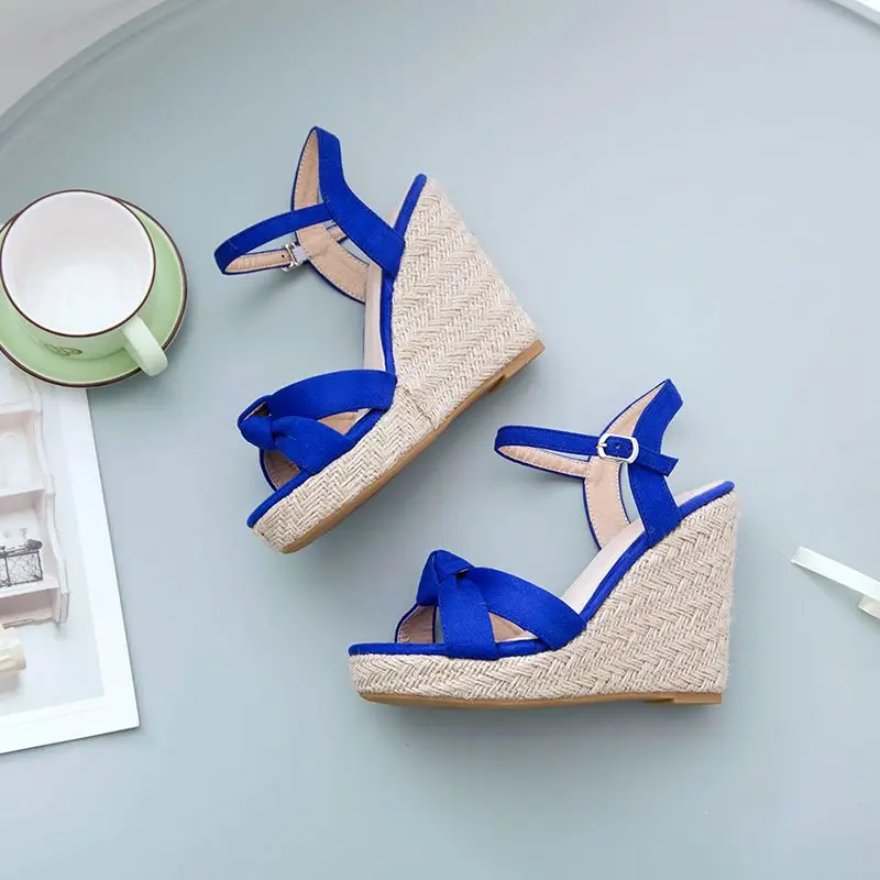 REAVE CAT Brand Women Sandals Open Toe Flock Suede Wedges 11cm Platform Buckle Strap Big Size 44 45 46 Soft Leisure Daily Shoes