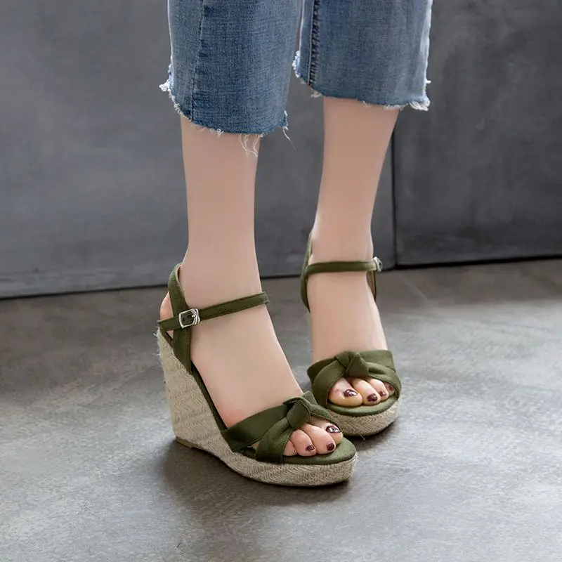 REAVE CAT Brand Women Sandals Open Toe Flock Suede Wedges 11cm Platform Buckle Strap Big Size 44 45 46 Soft Leisure Daily Shoes