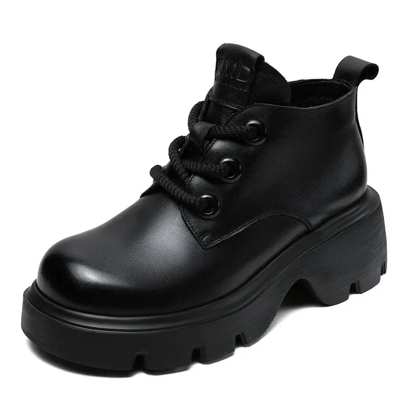 DRKANOL Luxury Design Genuine Leather Ankle Boots For Women Platform Casual Short Boots Women Winter Thick High Heel Warm Shoes