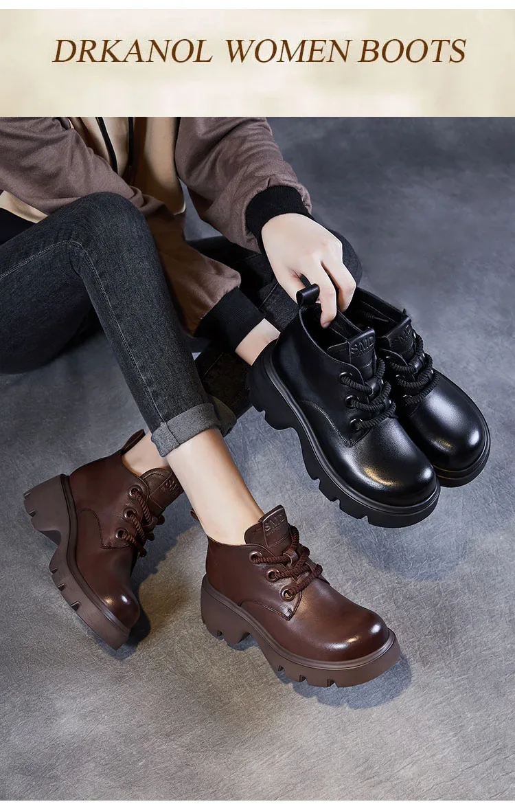 DRKANOL Luxury Design Genuine Leather Ankle Boots For Women Platform Casual Short Boots Women Winter Thick High Heel Warm Shoes